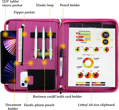 ProCase Portfolio Business Padfolio Folder with Zipper, Conference Meeting Executive File Legal Document Organizer with Pockets Letter Size A4 Writing Pad Notepad Padfolio -Magenta