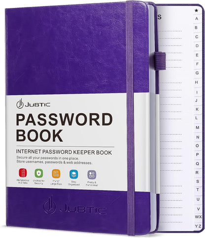 JUBTIC Password Book with Individual Alphabetical Tabs, 7"x10" Internet Password Keeper Book for Seniors, Password Notebook and Organizer/Notes Section,Purple