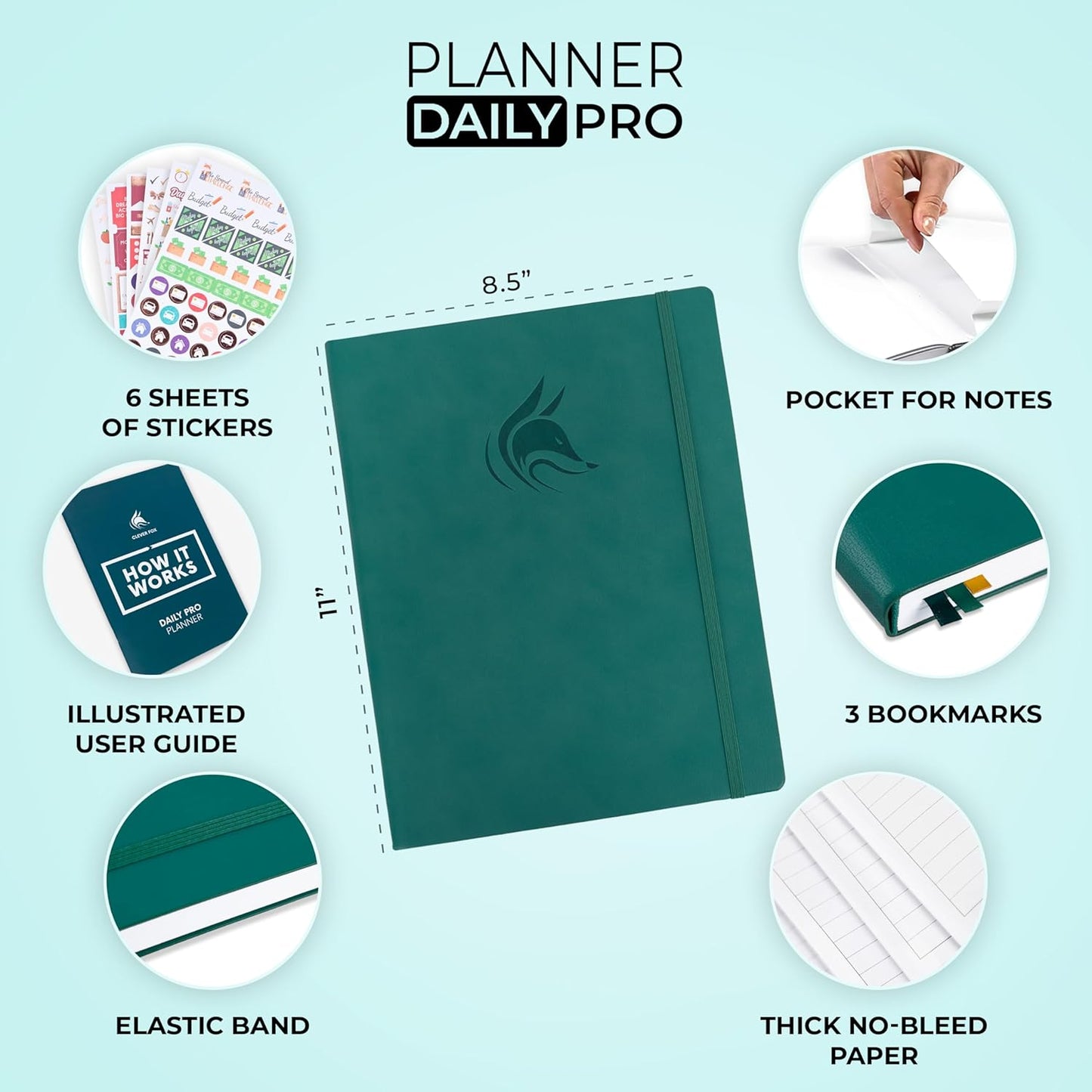 Clever Fox Planner Daily PRO - 8.5 x 11" A4 Size Daily Life Planner and Gratitude Journal to Increase Productivity, Time Management and Hit Your Goals - Undated - Lasts 3 Months (Turquoise)