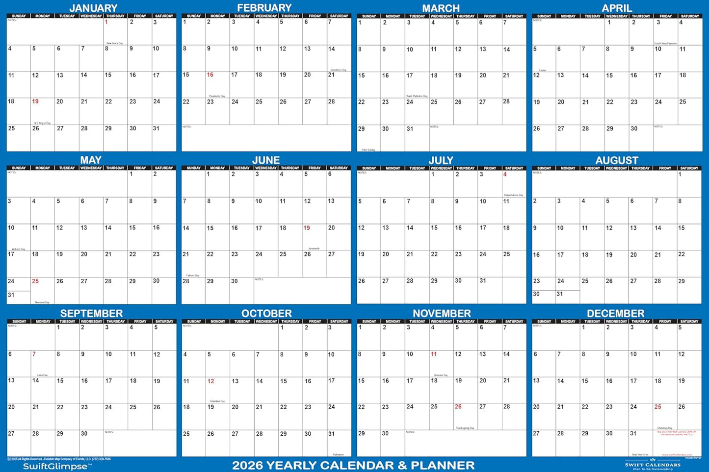 32" x 48" SwiftGlimpse 2026 Wall Calendar Erasable Large XL Wet & Dry Erase Laminated 12 Month Annual Yearly Wall Planner, Reversible, Navy
