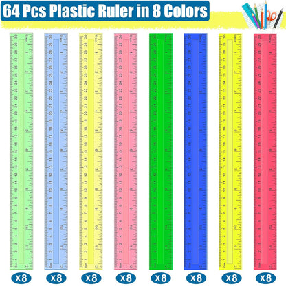 Ruler, 64 Packs 12 Inch Clear Plastic Assorted Color Metric Bulk Rulers with Inches Centimeters Millimeter. Measuring Drawing Tool for Kids, Ideal Back to School Classroom Office Home Supplies