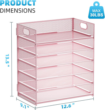 Marbrasse 6 Tier Paper Organizer Letter Tray - Mesh Desk File Organizer with Handle, Paper Sorter for Letter/A4 Office File Folder Holder -Pink