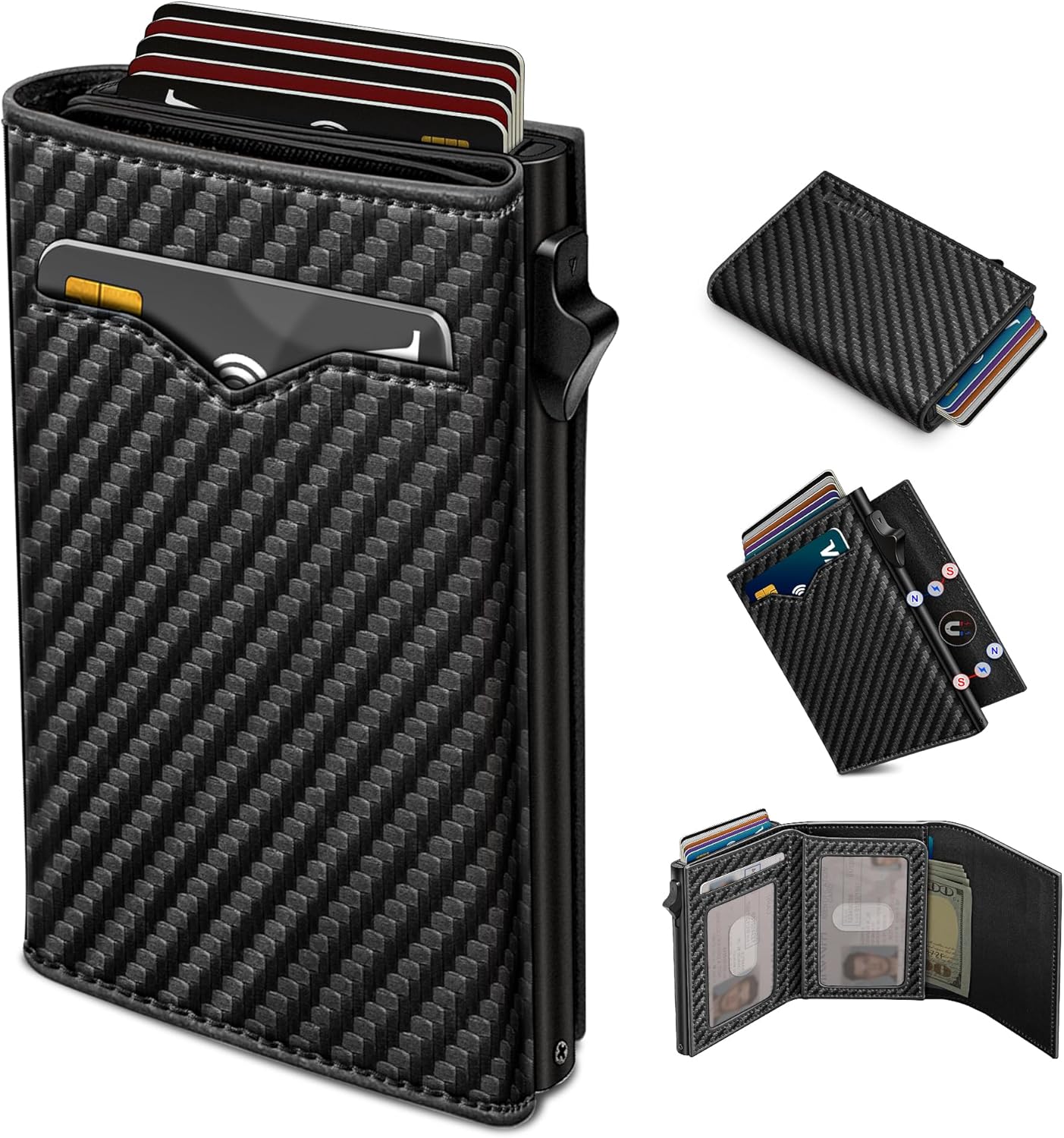 Wallet for Men,with Cash Pocket 2 ID Window 9-13 Cards,Metal Case Smart Slim Pop Up Credit Card Holder Flip with Magnetic Closure RFID Blocking Trifold wallet with Gift Box