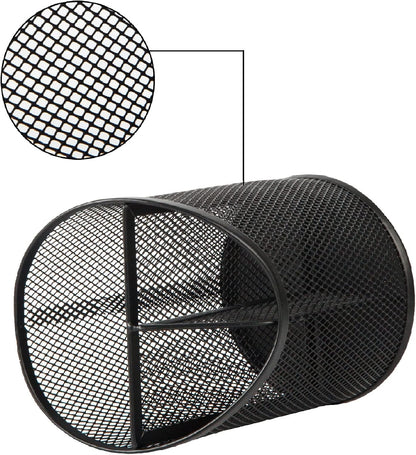 2 Pack Pen Holder Mesh Round Pencil Holder Desktop Organizer 3 Compartments, Black