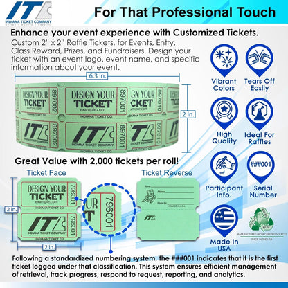 INDIANA TICKET CO. Custom 2"x2" Raffle Roll Tickets – Add Your Events Logo/Text, 50/50 Raffle Tickets, Fundraiser, Classroom Rewards, Entry, Drink Tickets, Prize, Carnival, (8 Colors Selection)