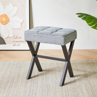 IBUYKE Square Makeup Stool with X-Leg Foot Rest, Linen Footrest, Ottoman Seat, Multi-Use as Small Side Table, for Bedroom, Living Room, Blue Gray LG-70L