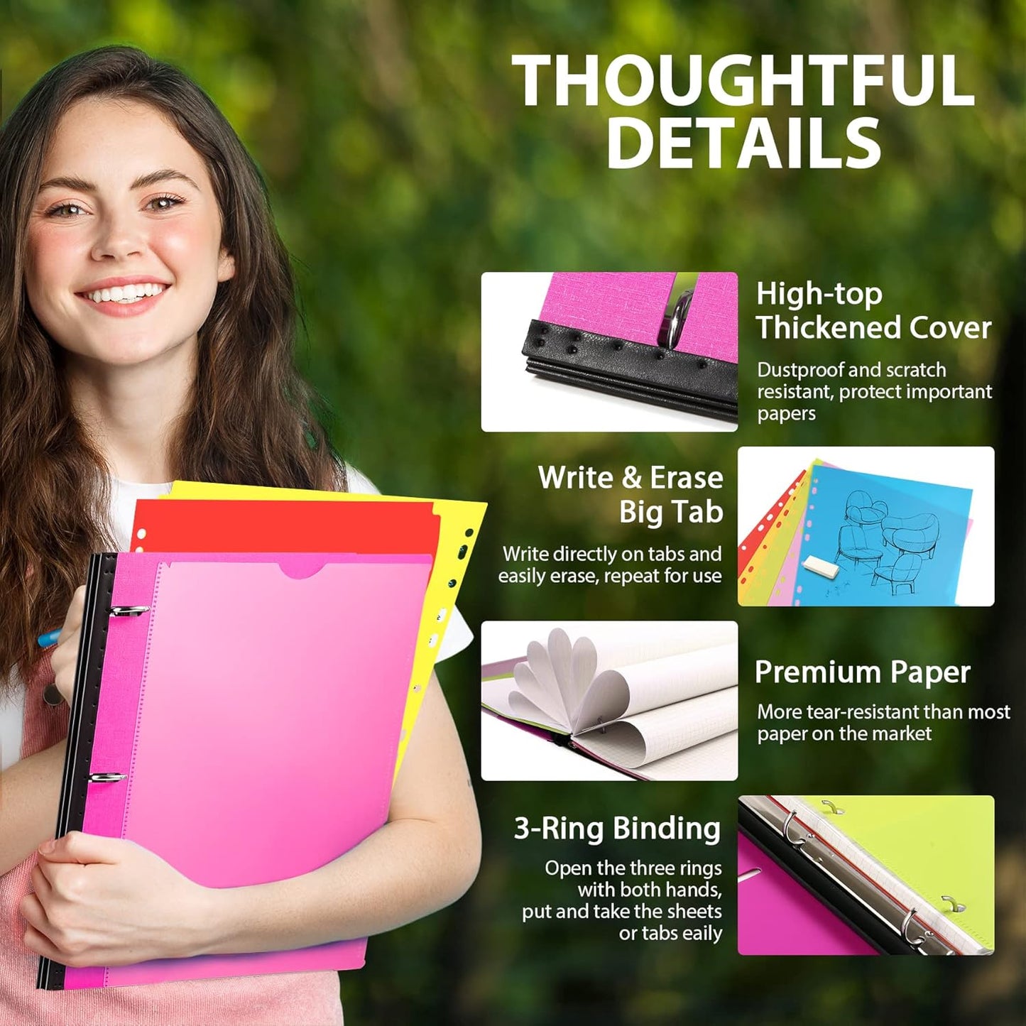 WOT I 1-Pack Telescoping 3 Ring Binder Notebook - Customizable Cover, 5 Dividers & Pocket Folder in One Slim Organizer (60 Sheets Included), Pink