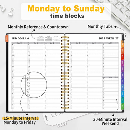SUNEE 2025-2026 Appointment Book, Quarter-Hourly, Weekly & Monthly - from July 2025 to June 2026, 6.4"x8.3" Academic Planner, Flexible Cover, Note Pages, Bookmark, Spiral Binding, Black