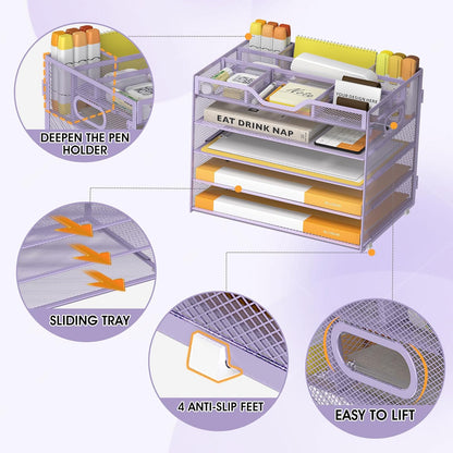 5 Tier Paper Letter Tray with 3 Drop-in Pen Holders, Mesh Desk File Organizer with Handle, Desk Organizers and Accessories for School,Home, Office Supplies Storage-Purple