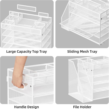 Marbrasse 5-Tier Desk Organizer with File Holder,Paper Letter Tray Organizer,Desktop File Organizer with Adjustable Compartments,Mesh Desk Organizers and Accessories for Office Supplies,White