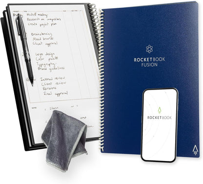 Rocketbook Fusion Reusable Undated Productivity Planner, Letter Size 8.5x11, Navy Blue - Goals, Monthly and Weekly Calendar, Daily To-do List, Lined and Dotted Notes Pages