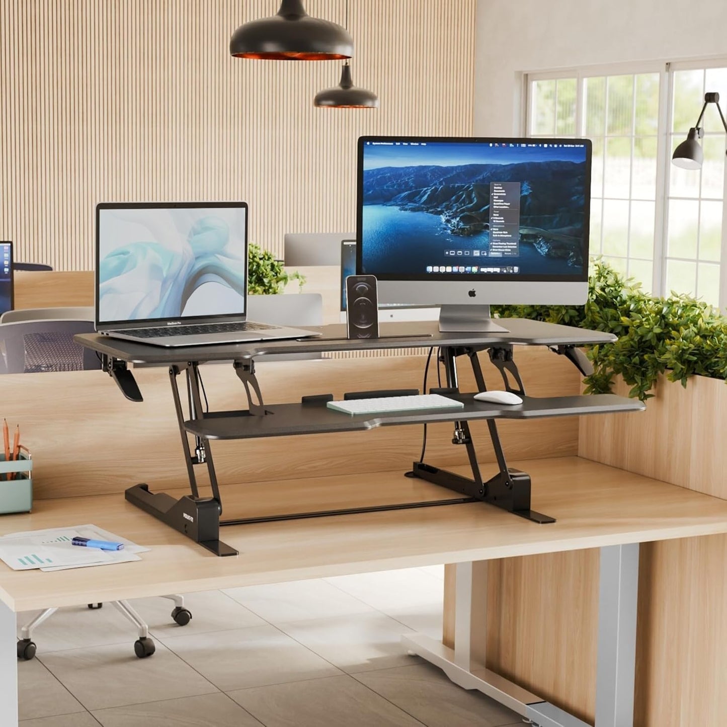 Mount-It! 47" Standing Desk Converter, Large Wide Tabletop Height Adjustable Desk Riser with Gas Spring, Desktop Sit Stand Up Desk with Keyboard Tray Fits 2 Monitors or Monitor and Laptop, Black