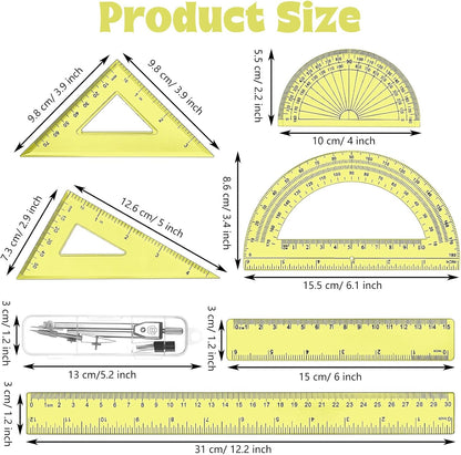 Zonon 1 Set Plastic Geometry Math Set Includes Drawing Compass, 6 Inch 4 Inch Protractor, 45/60 Degree Triangle Rulers 12 Inch 6 Inch Math Ruler Transparent for Office Supplies(Yellow)