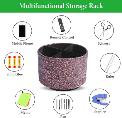 lizimandu Round Leather Art Supply Organizer,Remote Control Holder,360 Degree Spinning,Multi-Functional Pencil Holder,4 Compartments Desktop Stationary Organizer(1-Carved Cooper Red)