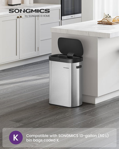 SONGMICS Motion Sensor Trash Can, 13-Gallon (50 L) Automatic Garbage Can with Soft Close Lid, Stainless Steel, Wave or Touch to Open, Includes 15 Bags, Metallic Silver and Ink Black ULTB640E01
