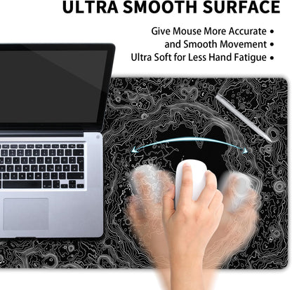 Black Whtie Topographic Gaming Mouse Pad XL Topo Moon Relief Map Extended Large Mat Mousepad Desk Pad Non-Slip Rubber Base Stitched Edge Long Keyboard Playmat for Desk Computer,24x14 Inch