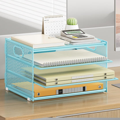 Subekyu Paper Letter Tray Organizer for Desk, Blue Metal Mesh Desk File Sorter Organizer with Handle and 2 Sliding Trays for Home Office School Supplies Organization