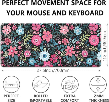 Retro Flowers Mouse Pad,Large Vintage Floral Mousepad Desk Pad with Stitched Edges,Non-Slip Waterproof Rubber Base Mouse Mat for Office Computer Keyboard Laptop Home(27.5x11.8 in)