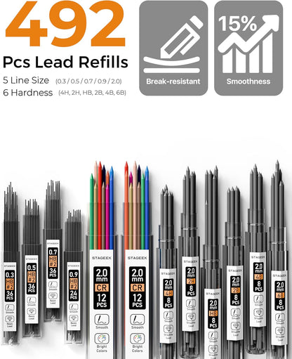 37PCS Art Mechanical Pencil Set, Drafting Pencil 5 Sizes- 0.3, 0.5, 0.7, 0.9MM & 2PCS 2.0MM Mechanical Drawing Pencils with 492PCS Leads (6B 4B 2B HB 2H 4H Color) for Artist Sketching Drawing