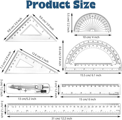 Zonon 1 Set Plastic Geometry Math Set Includes Drawing Compass, 6 and 4 Inch Protractor, 45/60 Degree Triangle Rulers 12 and 6 Inch Math Ruler Transparent for Office Supplies(Clear)
