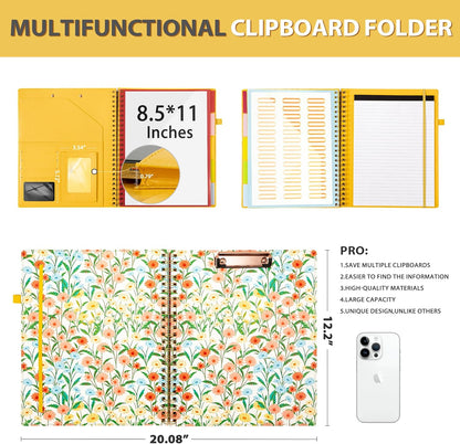 Clipboard with Storage for Men Women, Leather Padfolio Portfolio Organizer 5 Folders with 10 Pockets, Spiral Clipboard Folio with Notepad for Letter Size, Elastic Closure and Pen Loop Floral