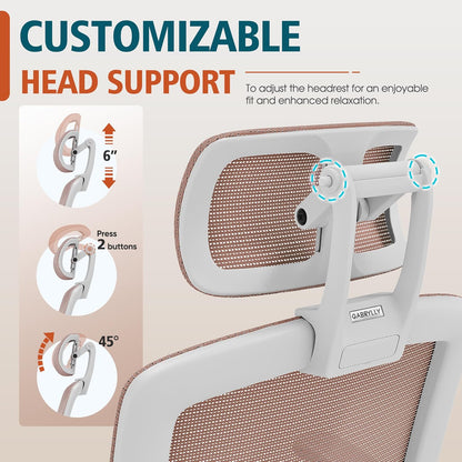 GABRYLLY Ergonomic Office Chair, High Back Home Desk Chair with Headrest, Flip-Up Arms, 90-120° Tilt Lock and Wide Cushion, 400LBS Mesh Chairs for Man Woman, White Task Chair(Pink,GY01WPK)