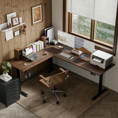 Agilestic L-Shaped Standing Desk Adjustable Height, Electric Corner Standing Desk, Sit Stand Up Desk, 75x61 inch Sit Stand Computer Table, Dark Walnut