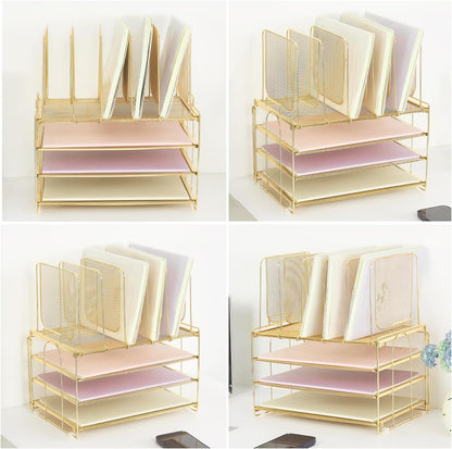 Desk Organizers and Accessories, 3-Tier Paper Organizer with 5 Vertical File Holders, File Organizer for Desk, Desk Accessories & Workspace Organizers (Gold, 3T)