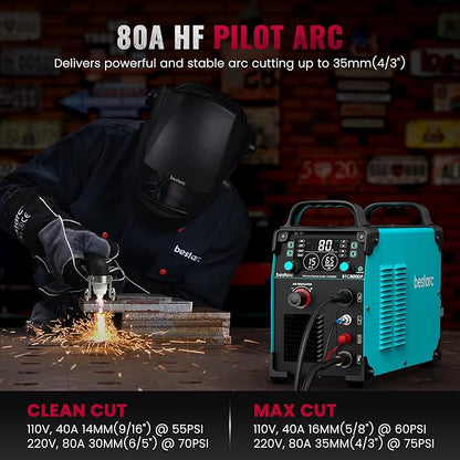 bestarc Plasma Cutter, [Pilot Arc] [Large LED Display] [Air Sensor] 80A bestarc Plasma Cutter Machine 110/220V Dual Voltage, 7/8 Inch Clean Cut 1.38 Inch Max Cut, Post Flow 2T/4T for Beginners DIY