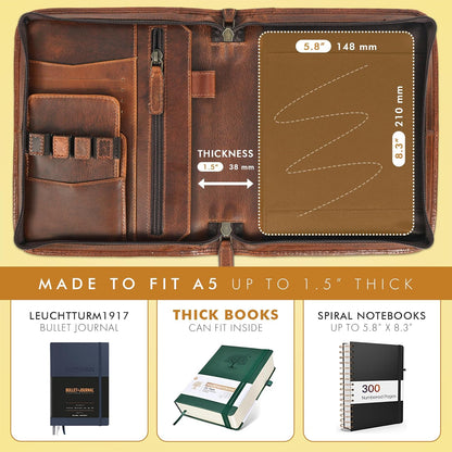 ELIZO Leather Portfolio Leather Padfolio Folio A5 Notebook Cover Work Folder Business Portfolio Organizer Binder Men Women Small Antique