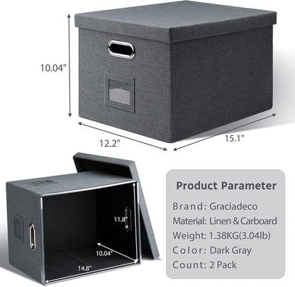File Organizer, Collapsible Storage Filling Box with Lid for Letter Legal Size Hanging Folders Decorative Linen File Folder Box Document Storage Filing Bin, Dark Gray 2 Pack