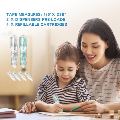 White Retractable Correction Tapes, 2 Cute Pre-Loaded Correctors with 4 Refills, Pull-Out Pen-Shaped Applicator, Anti-Break Tape for Office Supplies (Transparent, Green)