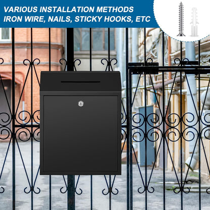 Metal Donation Cash Box Collection Safe Suggestion Box with Lock Wall Mounted Mailbox Delivery Ballot Container for Home Office Outdoor Door(Black,15 x 12 x 4 Inch)