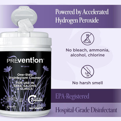 Prevention All Purpose Disinfectant Wipes – Canister of Cleaning Wipes for Salons, Spas, Wellness Centers and Yoga Studios – Hospital Grade Surface Sanitizing – 160 Count
