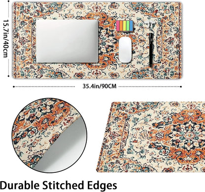 Vintage Rug Gaming Mouse Pad XXL Orange Teal Retro Carpet Aesthetic Extended Large Mat Bohemian Boho Mousepad Desk Pad Non-Slip Rubber Base Stitched Edge Flower Keyboard Pad for Computer,35.4x15.7 in
