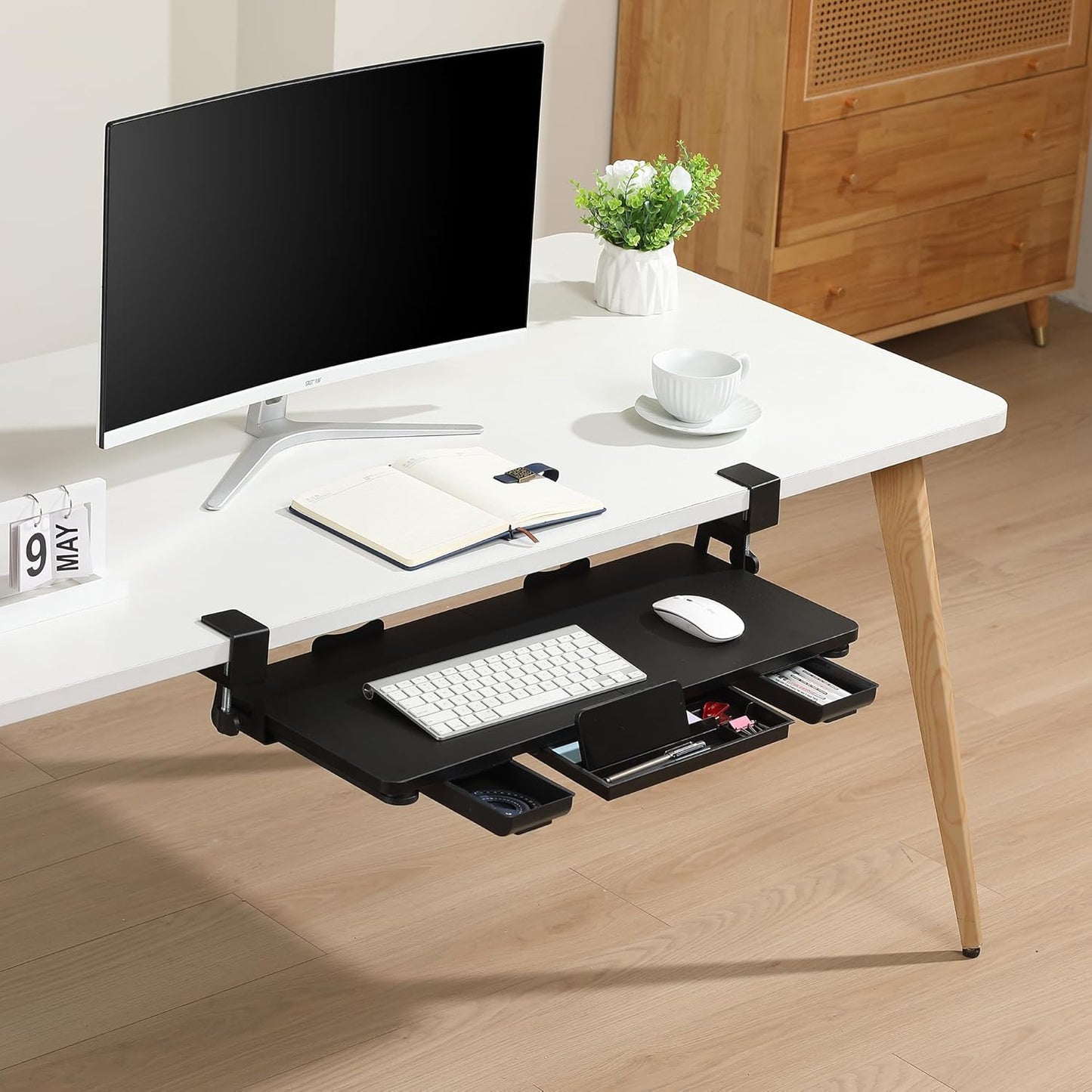 Keyboard Tray Under Desk with Drawer,26.77" X 11.81" Keyboard Tray Large Size with C Clamp-on Mount, Easy to Install, Save Space for Office Desk (Black)