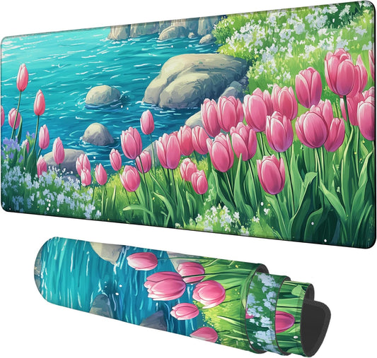 Large Mouse Pad Blooming Tulips Gaming Desk Pad Computer Keyboard Non-Slip Waterproof Mouse Mat with Rubber Base and Stitched Edges Entertainment Office Writing Desk Mat 35.4 x 15.7 Inches