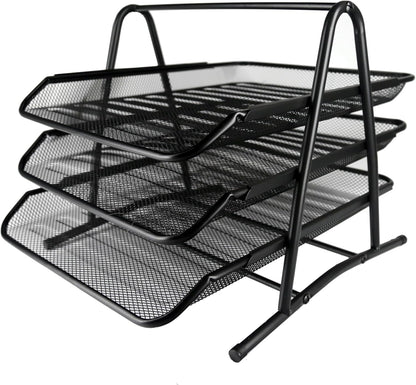 Huron Desktop Horizontal File Binder Organizer Storage Letter Tray, 3 Slot, Black Steel Mesh