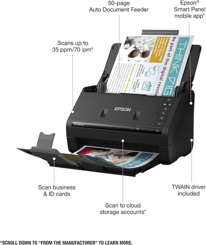 Epson Workforce ES-500W II Wireless Color Duplex Desktop Document Scanner for PC and Mac, with Auto Document Feeder (ADF) and Scan from Smartphone or Tablet (Renewed)