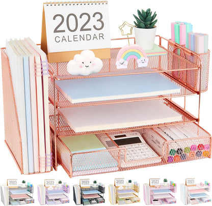 Desk Organizer and Accessories, 4-Tier Desktop File Organizer with Drawer and 2 Pen Holders, Office Desk Accessories for Office Supplies(Rose Gold)