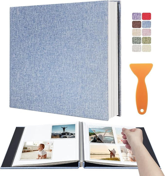 Photo Album Scrapbook – Holds 4x6, 5x7 & 8x10 Pictures – Self-Adhesive Pages for Baby, Wedding, Travel & Family Memories | Includes Metallic Pen & Scraper/Light Blue Large DIY Memory Book for Gifts