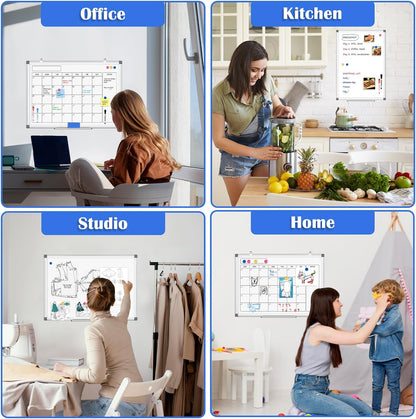 Monthly Calendar Dry Erase Whiteboard for Wall, 24" x 18" Magnetic Calendar White Board, Double-Sided Portable Board for Office, Kitchen, School, Home
