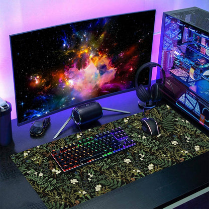 Black Aesthetic Vintage Botanical Gaming Mouse Pad XXL Cute Forest Green Plant Nature Floral Extended Large Mouse Pad Big Mousepad Non-Slip Stitched Edge Long Mat for Desk Office Computer,35.4x15.7 in