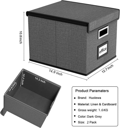 Huolewa File Organizer Boxes with Lids, Linen Office Document Storage Boxes, Filing Boxes, Decorative Small File Boxes for Hanging Files with Plastic Slide for Office/Cabinet/Decor/Home