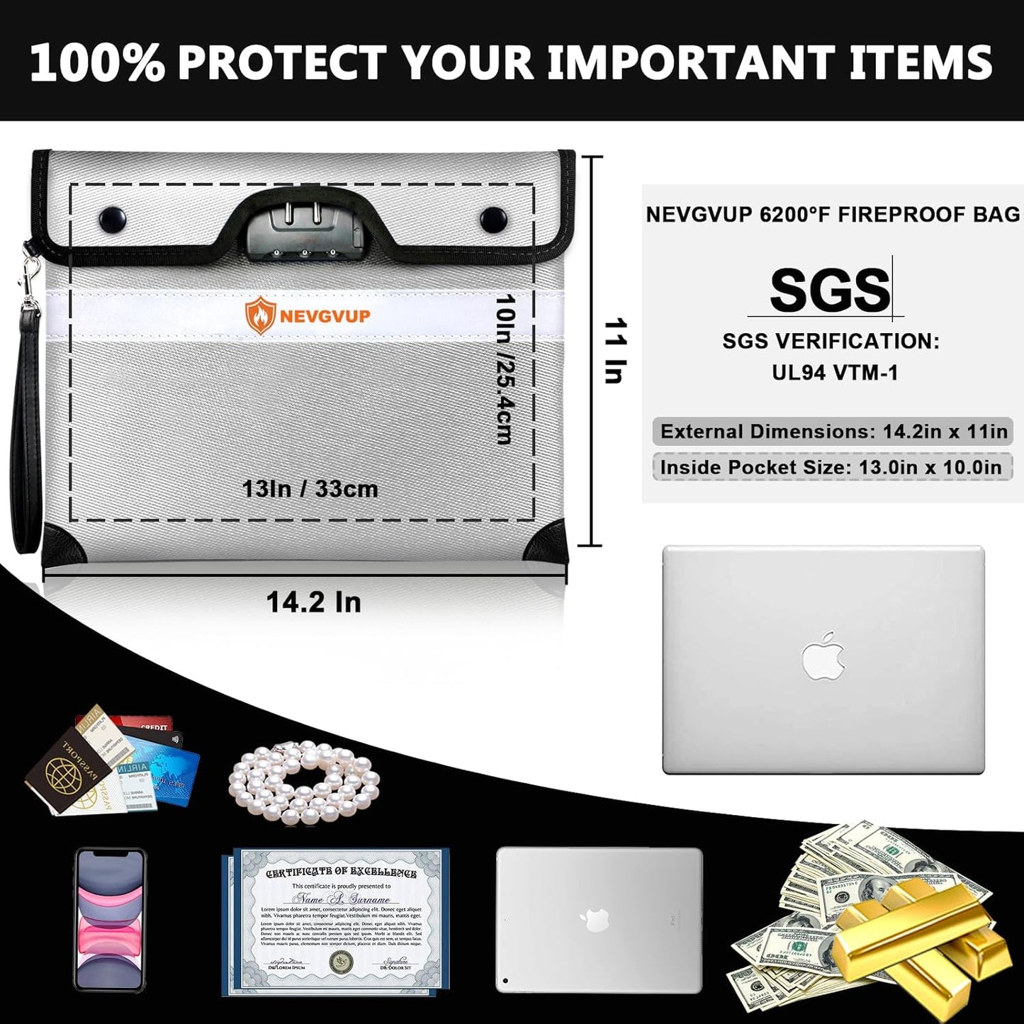 6200°F Fireproof Document Bag with Lock, Upgraded Fire proof Money Bag for Cash with Zipper/Reflective Strip, 9 Layer of Heat Insulated Material, Water Resistant Fireproof Bags for Documents,Safe Bags
