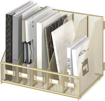 SUPEASY Desk Organizers Metal Desk Magazine File Holder with 5 Vertical Compartments Rack File Organizer for Office Desktop, Home Workspace, Golden Yellow