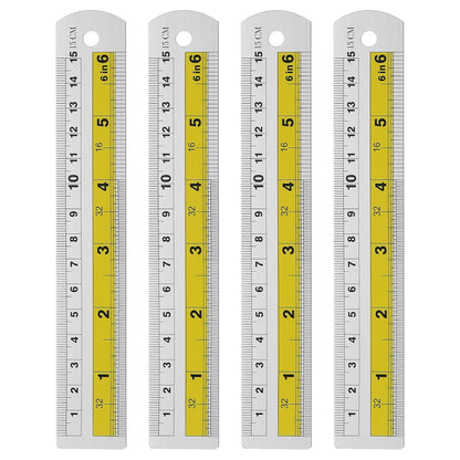 HARFINGTON 4pcs Metal Straight Ruler 15cm Metric SAE Aluminum Alloy Measuring Rulers Scale Tool with Hole for Measure Study Reading Classroom Office, Yellow
