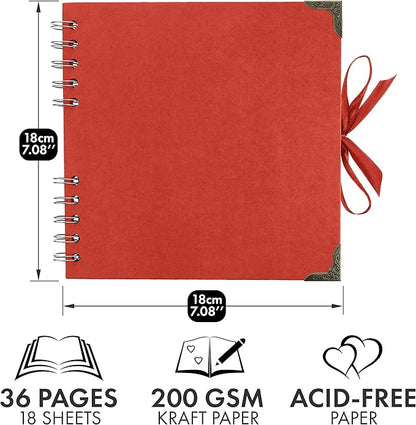 Bstorify Square Scrapbook Photo Albums 7 x 7 Inch Red Thick Paper, Hardcover, Metal Corners, Ribbon Closure - Ideal for Your Scrapbooking Albums, Art & Craft Projects