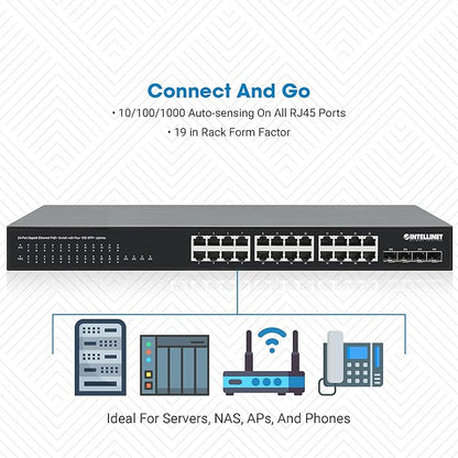 Intellinet 24-Port Unmanaged PoE+ Gigabit Ethernet Switch - 370W Power Budget, 4 x 10 Gbps SFP+ Ports, Rackmount / Desktop, Autosensing Ports, Sturdy Metal - 3 Yr Mf Warranty - 561761