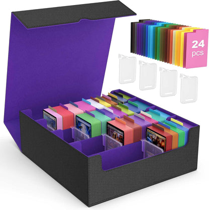 MoKo Trading Card Storage Box, 3000+ MTG Deck Box with 24 Colorful Dividers & 4 Card Supporters, Commander Card Deck Case Fits for Magic Game Cards, YugiOh, TCG, PTG and Sport Cards, Black Purple